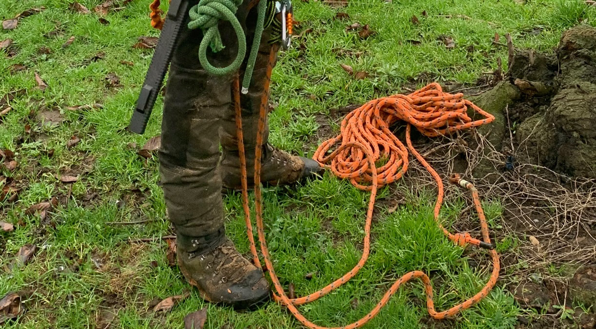 the legs of a tree surgeon with rope on ground